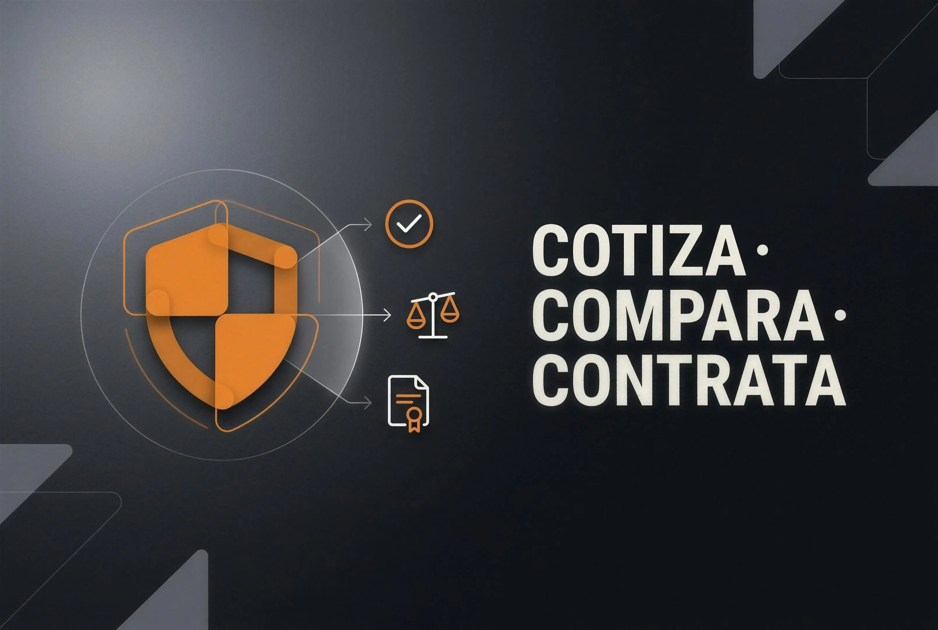 Ilustración editorial de un escudo geométrico naranja que representa comparar y contratar seguros en línea de forma segura, con el eslogan Cotiza, Compara y Contrata de Odessa Tek