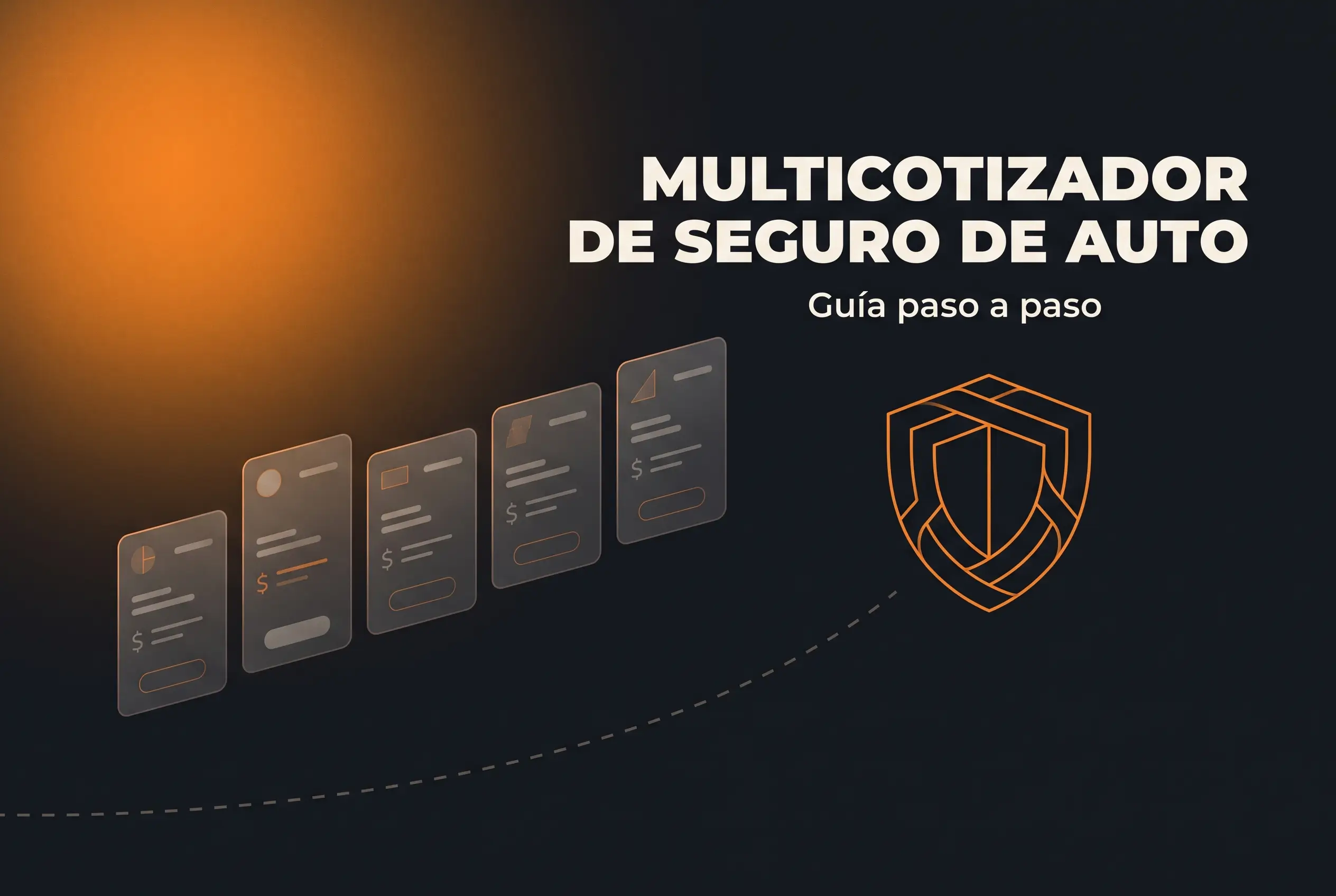 Ilustración de un panel comparativo de seguro de auto con un ícono de escudo de protección, en la paleta de marca de Odessa Tek (negro carbón y naranja)