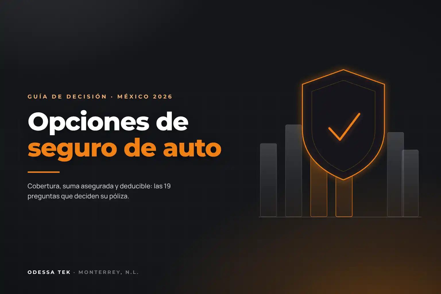 Ilustración corporativa de Odessa Tek: un escudo de protección en línea naranja sobre seis barras comparativas en gris, que representa la comparación de coberturas de seguro de auto entre seis aseguradoras en México.